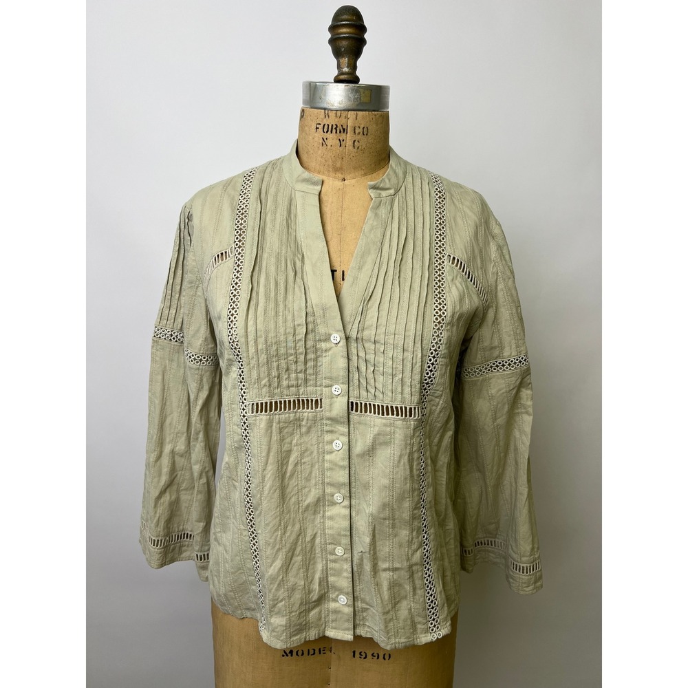Club Monaco Sage Green Cotton Eyelet Lace Pintuck Blouse Size M